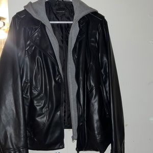 Lane Bryant Faux Leather Jacket with sweatshirt hood. Stretch fabric in arms